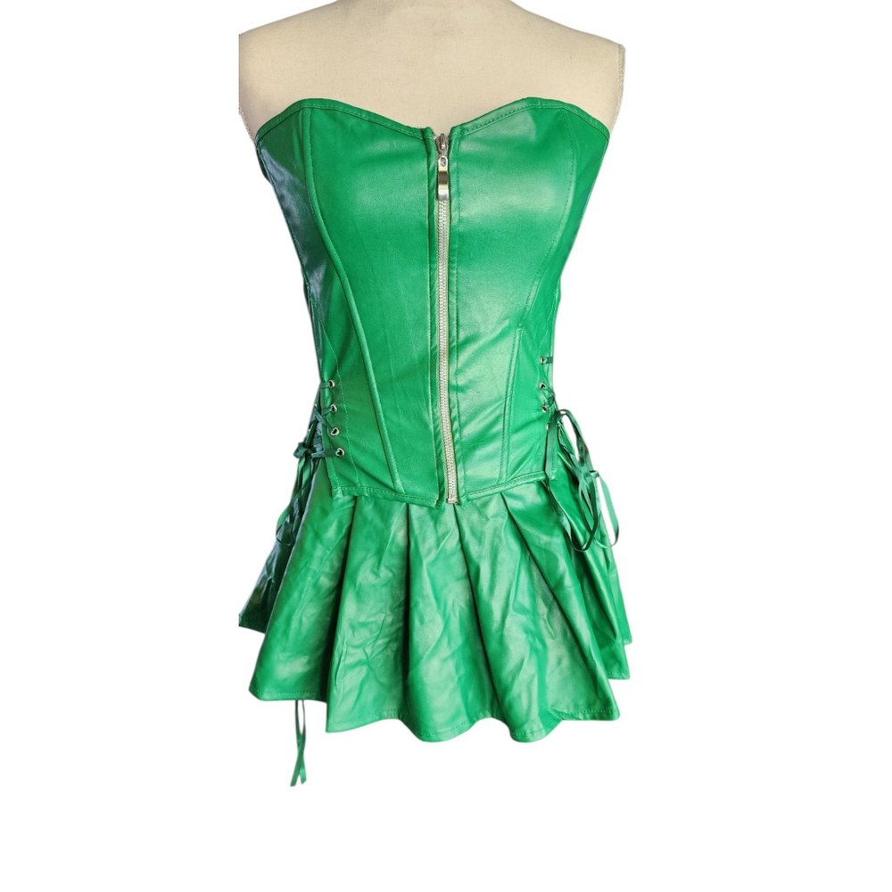 Green Faux Leather Zipper Goth Steampunk Overbust Corset Top & Skirt Set M